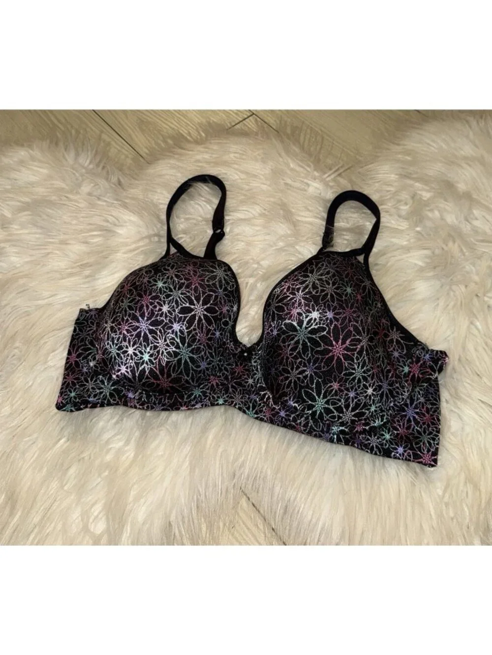 Vintage Warners 01397 Full Coverage Underwire Bra Lined Floral Womens 36C Black